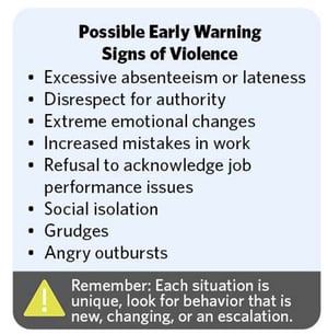 Possible Early Warning Signs of Violence, Excessive absenteeism or lateness, disrespect for authority, extreme emotional changes, increase mistakes at work, refusal to acknowledge job performance issues, social isolation, grudges, angry outburst. Remember: Each situation is unique, look for behavior that is new, changing, or an escalation.