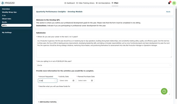 Amount field with example $500