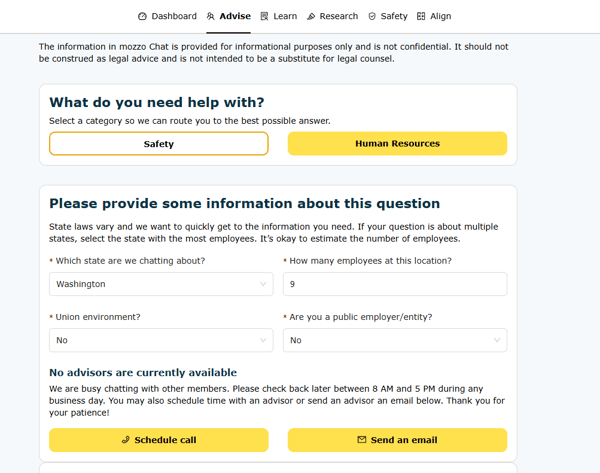If there are no advisors available, you may choose to schedule a phone call or send an email. Click on the appropriate button and follow the prompts.