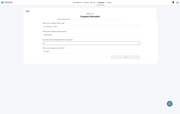 Complete or verify the remaining information, including annual revenue, number of FTEs, and profit status.