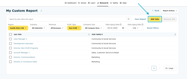 To add jobs to your Compensation Report click on the Add Jobs button.