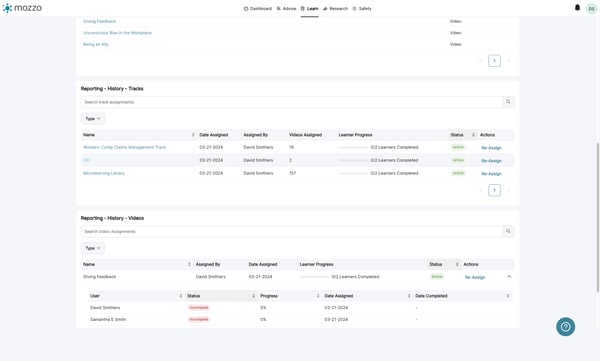 You can view track assignment progress by clicking on a track name.