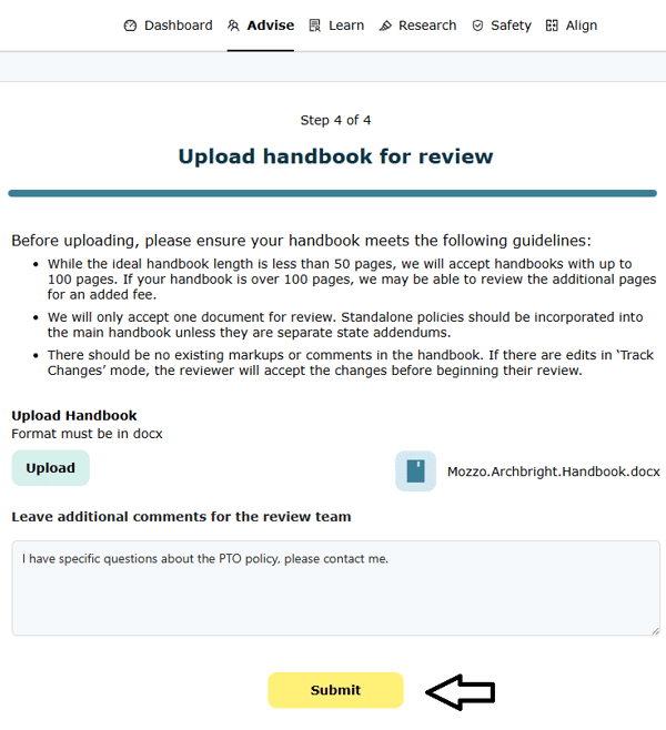 To submit your handbook, click the Submit button.