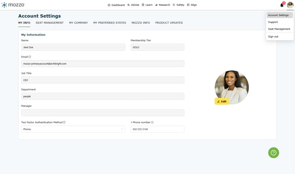 Navigate to Settings via My Account by clicking your Avatar in the top right corner of mozzo.