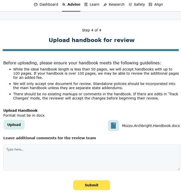 Click on Upload, locate your handbook file on your computer or network, and click Submit.