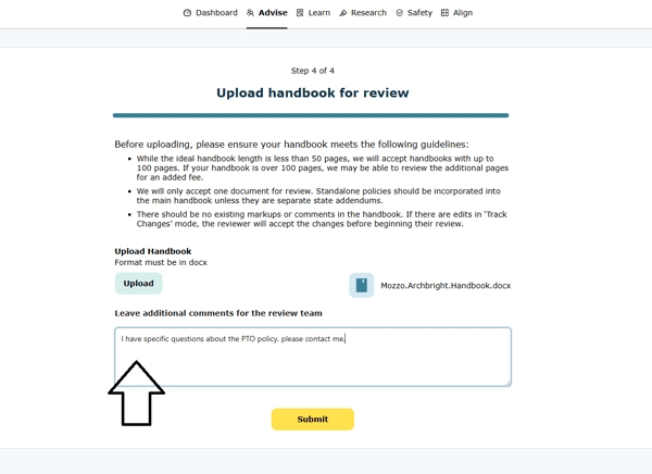 You may leave any additional comments relevant to your handbook review for the Archbright team in the comments box provided.