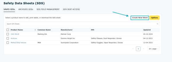 To add a new Safety Data Sheet to your library, click on Create New Sheet.
