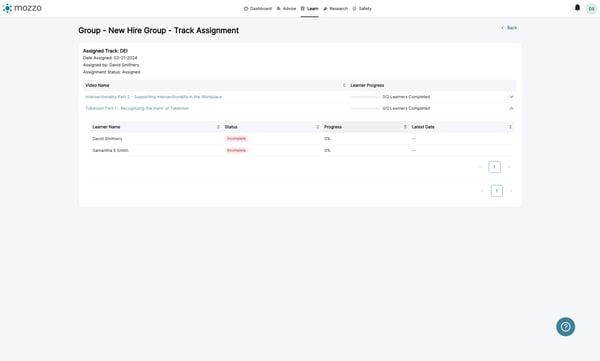 You can view a learner's assignment progress per video in a track assignment by expanding the row.