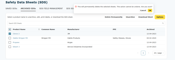Archived SDSs: Permanently Delete
