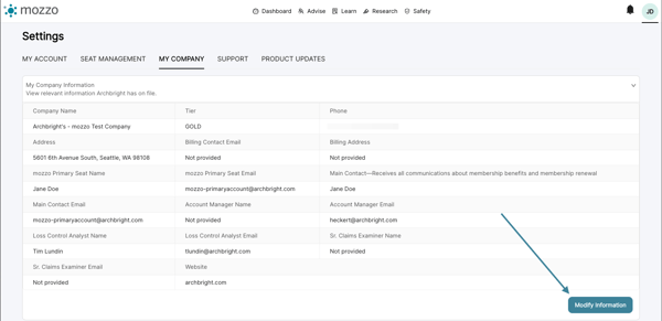 My Company Tab - Company Information