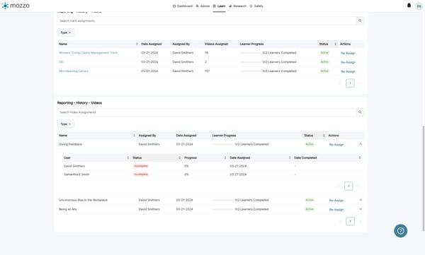 Under Reporting - History - Videos, you can view assignment progress per video for group members by expanding the video rows.