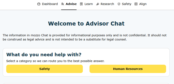 Choose which advisor you want to chat with today: HR or Safety.