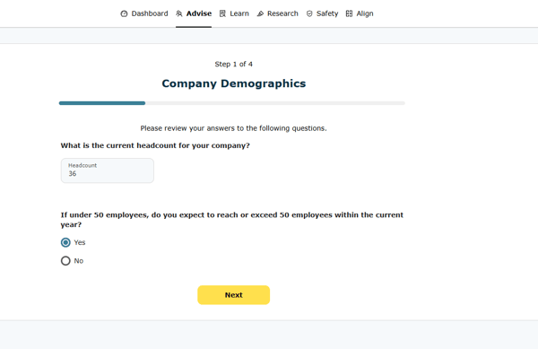 You will be asked a series of questions about your organization to provide additional details to our handbook team. Once completed, click Next.