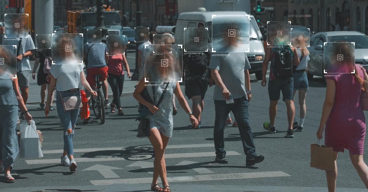 Face recognition and personal identification technologies in street surveillance cameras, law enforcement control. crowd of passers-by with graphic elements. 