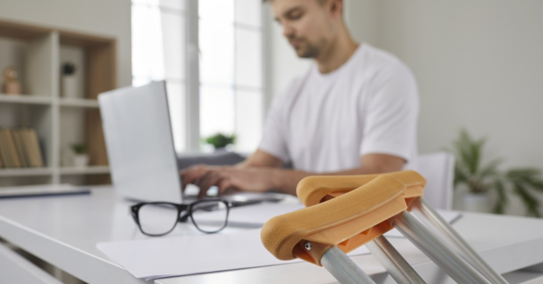 Young businessman has injury and uses crutches. Close up of crutches on background of concentrated man working on laptop in office. Medical equipment and business concept. Selective focus.