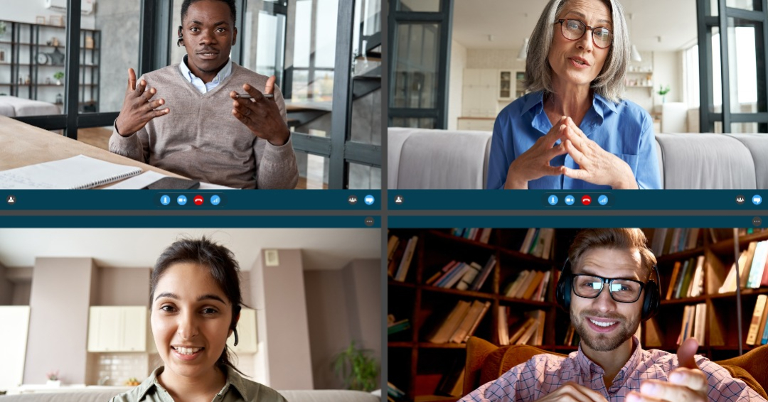 Four diverse business people colleagues participate virtual team meeting on video conference call. Social distance workers having remote videoconference online chat. Computer videocall app screen view