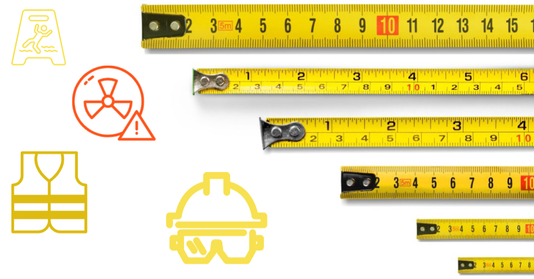 Tape metrics ruler meter rule long closeup isolated with safety icons